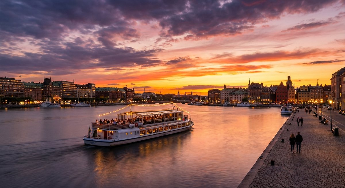 Abendliche Bootsfahrt in Stockholm bei Sonnenuntergang