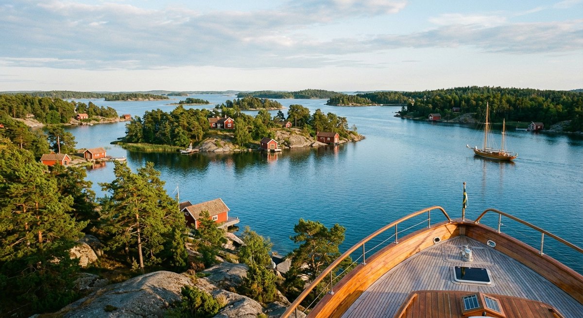 Stockholmer Schären mit typischen roten Holzhäusern