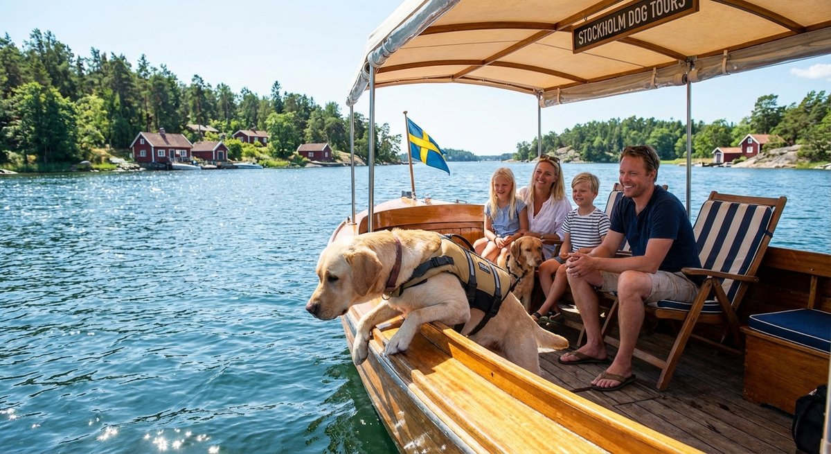 Hund auf einer Bootsfahrt in Stockholm