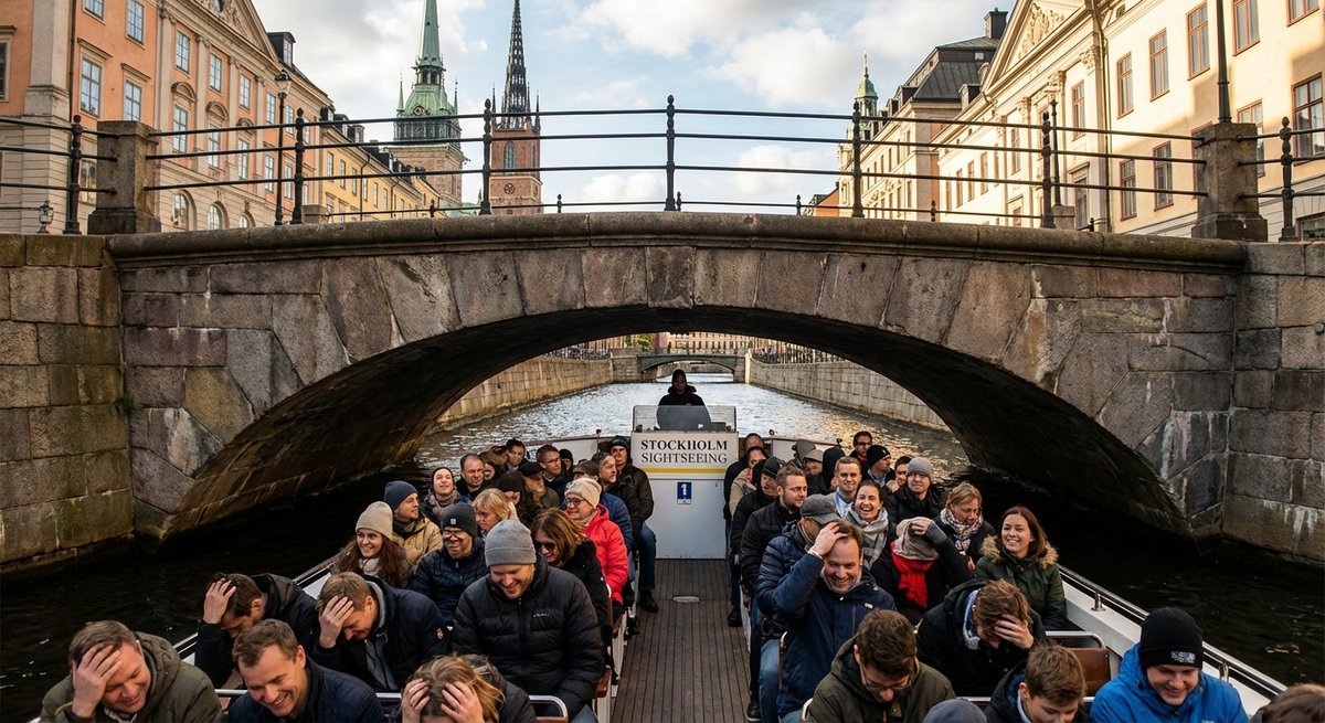 Boot fährt unter einer historischen Brücke in Stockholm